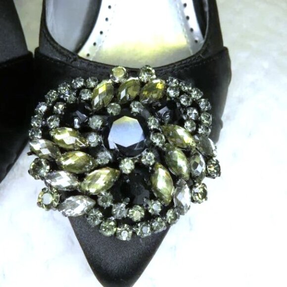 Adrienne Vittadini Black Satin Rhinestone Brooch Slingback Heels Size 7M - Picture 3 of 11